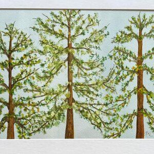 PAINTING WATERCOLOR 11X14 & MAT 16X20 TREES FOREST LANDSCAPE SPRING ORIGINAL ART